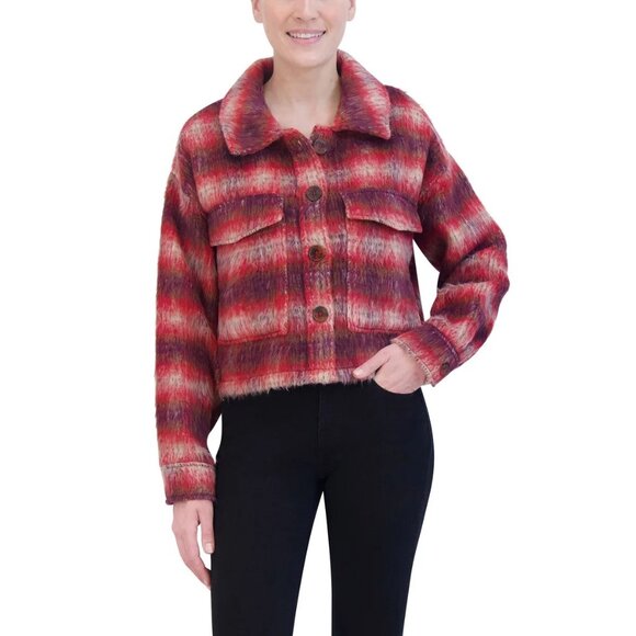 Vigoss M Brushed Plaid Crop Jacket Faux Fur Aztec Western Shacket Chest Pocket - Picture 10 of 11
